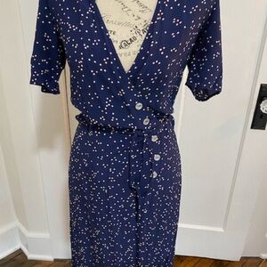 Rouje Blue and White Flutter Sleeve Wrap Dress